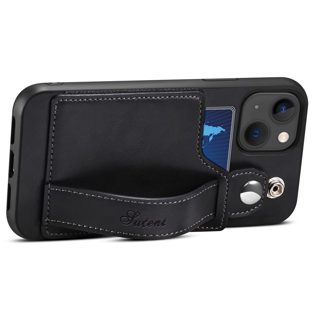 SUTENI Card Slot Design PU Leather + TPU Hybrid Case Back Protector Phone Shell with Adjustable Hand Strap Kickstand for iPhone 13 mini 5.4 inch - Black-3