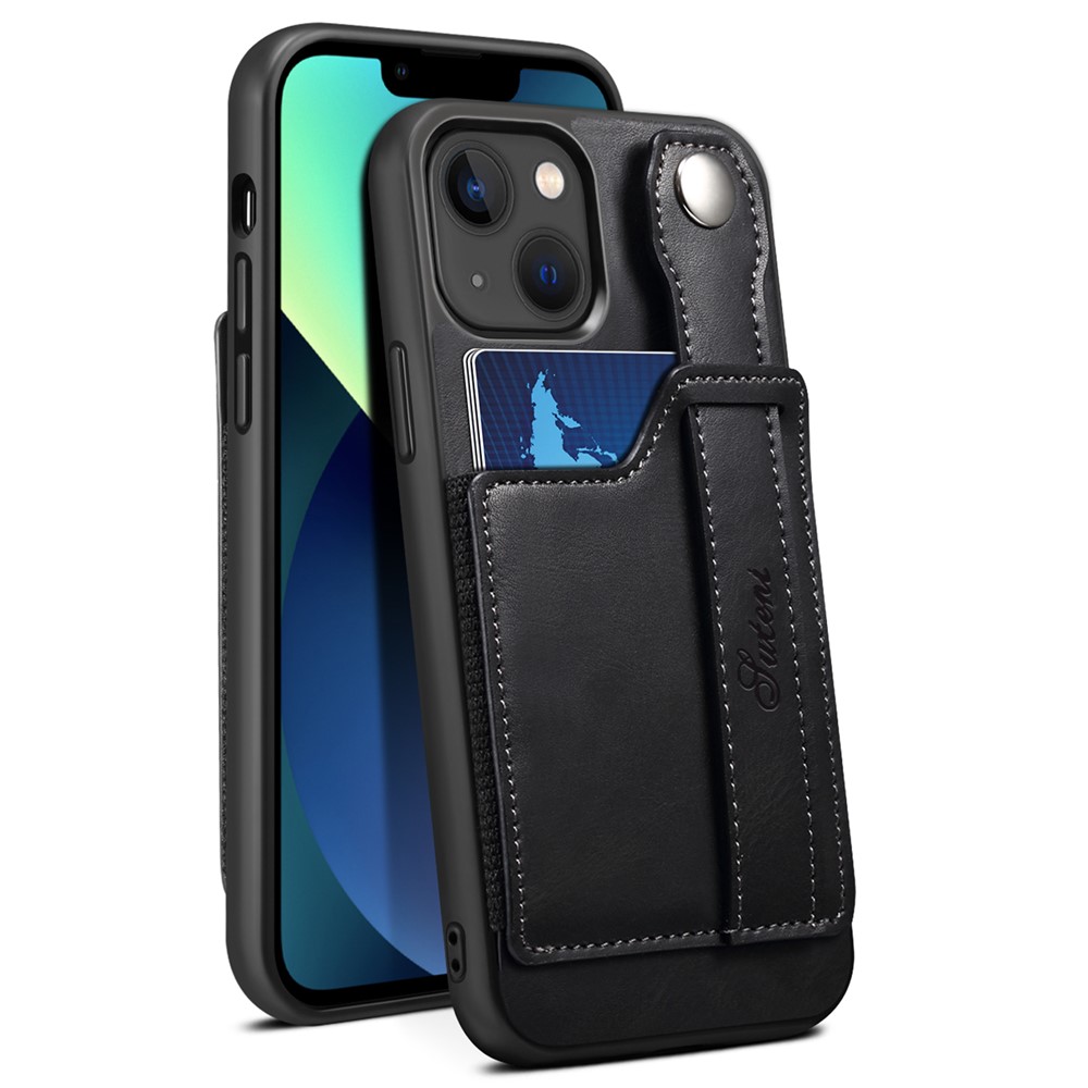 SUTENI Card Slot Design PU Leather + TPU Hybrid Case Back Protector Phone Shell with Adjustable Hand Strap Kickstand for iPhone 13 mini 5.4 inch - Black-9