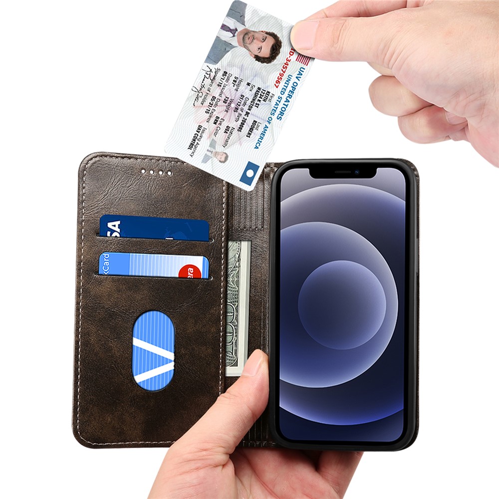 SUTENI 055 Series Magnetic Auto Closure PU Leather Case Wallet Stand Shockproof TPU Inner Shell Phone Cover for iPhone 12 mini 5.4 inch - Black-5
