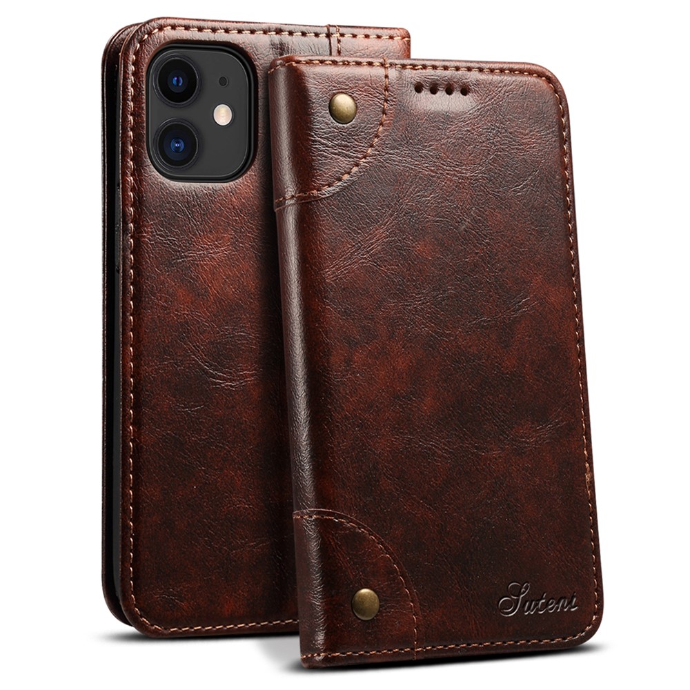 SUTENI 055 Series Magnetic Auto Closure PU Leather Case Wallet Stand Shockproof TPU Inner Shell Phone Cover for iPhone 12 mini 5.4 inch - Dark Brown