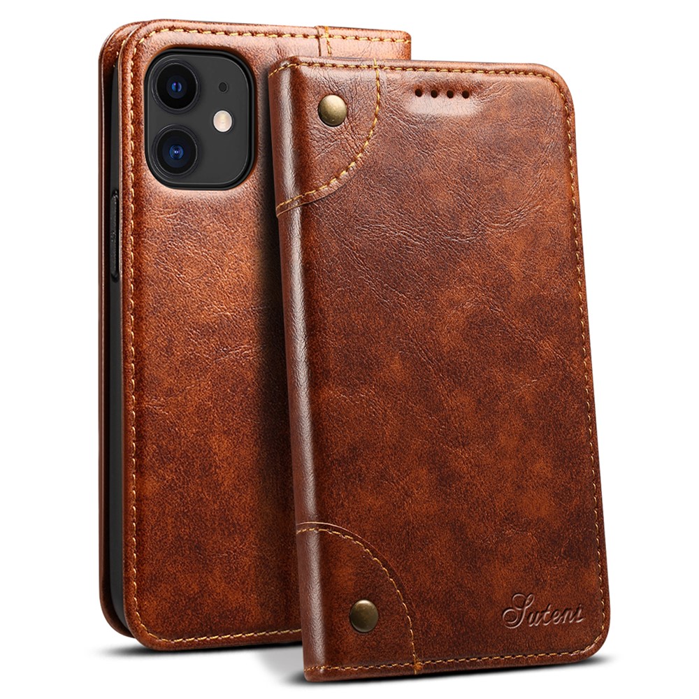 SUTENI 055 Series Magnetic Auto Closure PU Leather Case Wallet Stand Shockproof TPU Inner Shell Phone Cover for iPhone 12 mini 5.4 inch - Khaki