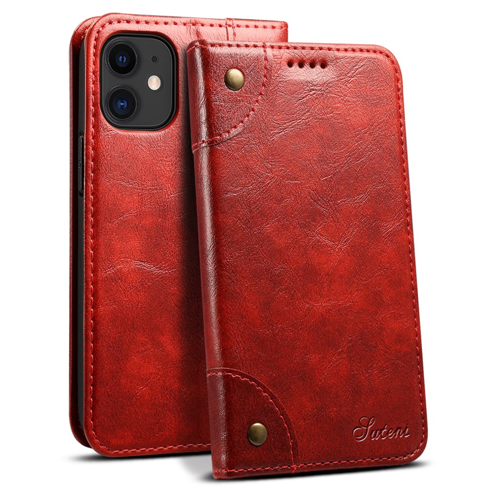 SUTENI 055 Series Magnetic Auto Closure PU Leather Case Wallet Stand Shockproof TPU Inner Shell Phone Cover for iPhone 12 mini 5.4 inch - Red
