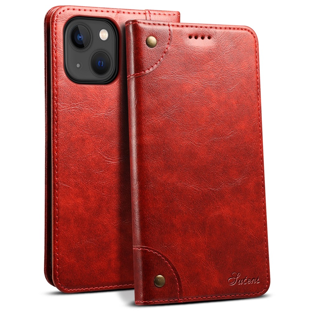 SUTENI 055 Series Strong Auto Closure PU Leather+TPU Case Wallet Stand Shockproof Phone Shell for iPhone 13 mini 5.4 inch - Red