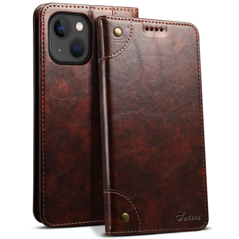 SUTENI 055 Series Strong Auto Closure PU Leather+TPU Case Wallet Stand Shockproof Phone Shell for iPhone 13 mini 5.4 inch - Dark Brown