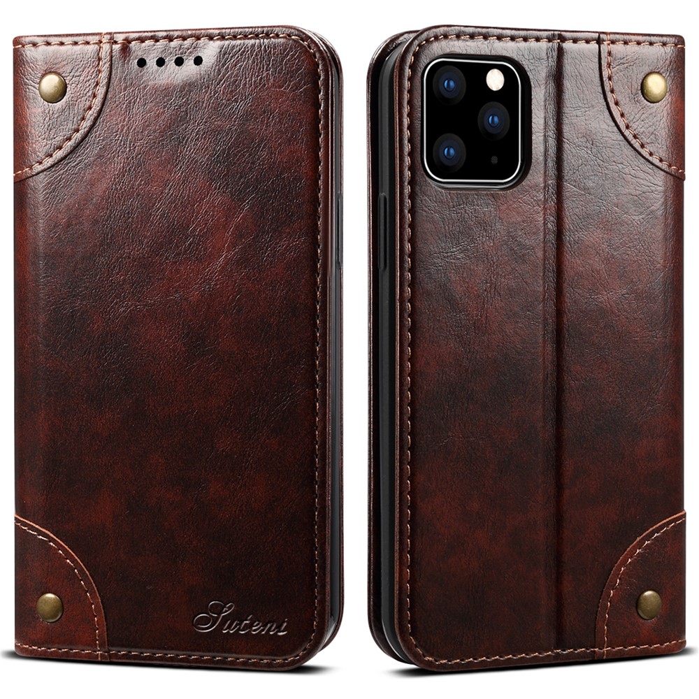 SUTENI 055 Series Scratch-resistant Flip Phone Cover PU Leather+TPU Case Wallet Stand Shockproof Phone Case for iPhone 11 Pro Max 6.5 inch - Dark Brown