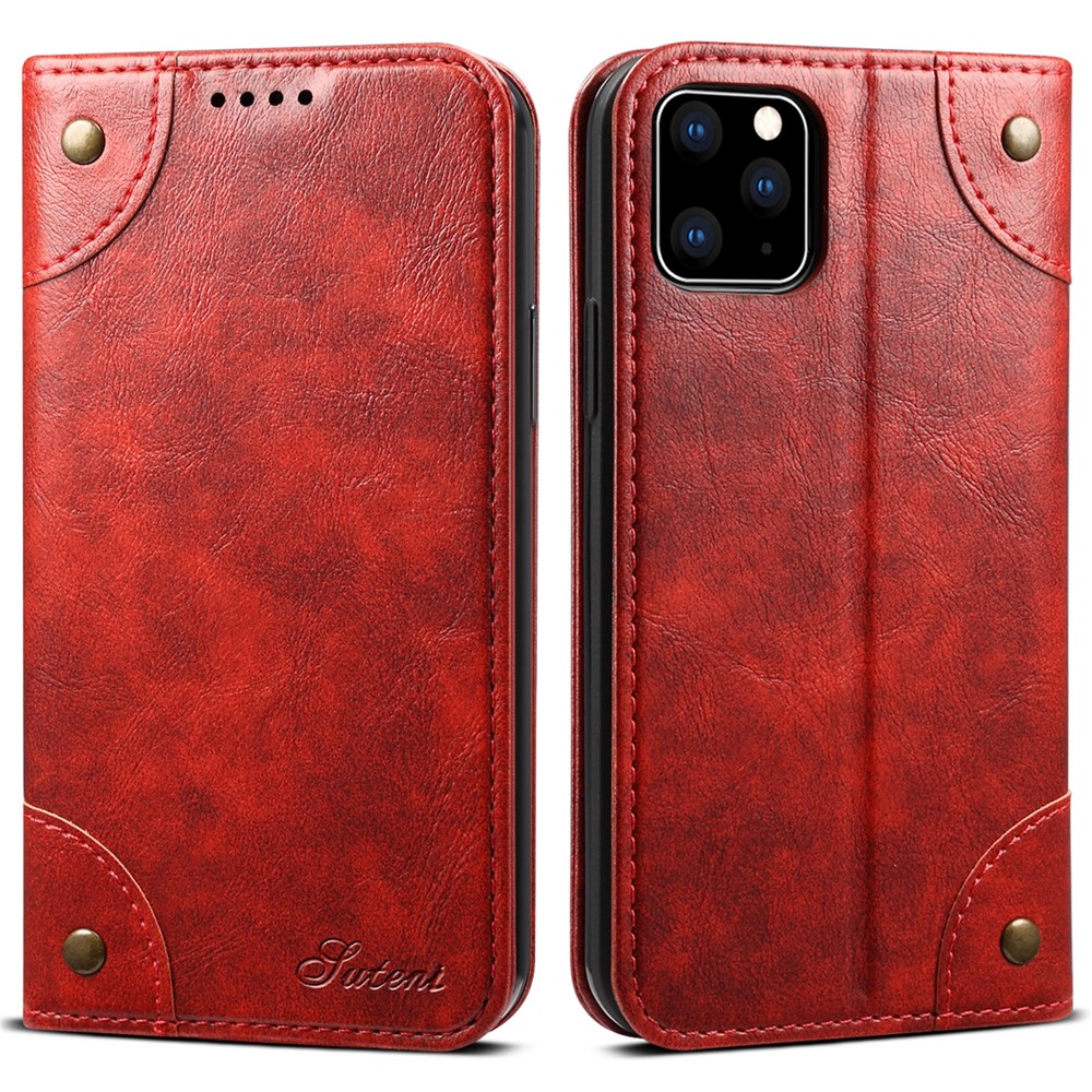 SUTENI 055 Series Scratch-resistant Flip Phone Cover PU Leather+TPU Case Wallet Stand Shockproof Phone Case for iPhone 11 Pro Max 6.5 inch - Red