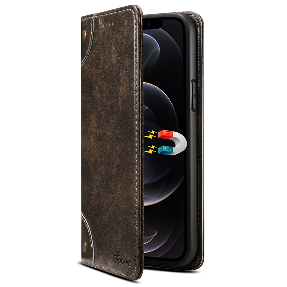 SUTENI 055 Series Simple Style Strong Auto-absorbed PU Leather+TPU Case Wallet Stand Shockproof Phone Shell for iPhone 12 Pro / iPhone 12 6.1 inch - Black-2