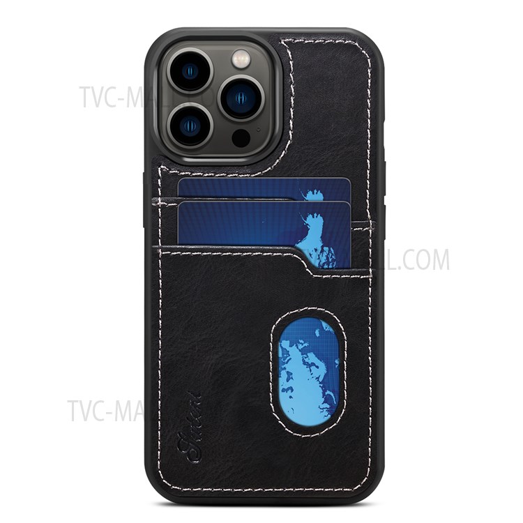 SUTENI Retro Back Double Cards Slots Design Anti-fall Well-protected TPU+PU Leather Cover Shell for iPhone 13 Pro Max 6.7 inch - Black-1