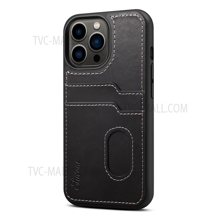 SUTENI Retro Back Double Cards Slots Design Anti-fall Well-protected TPU+PU Leather Cover Shell for iPhone 13 Pro Max 6.7 inch - Black-2