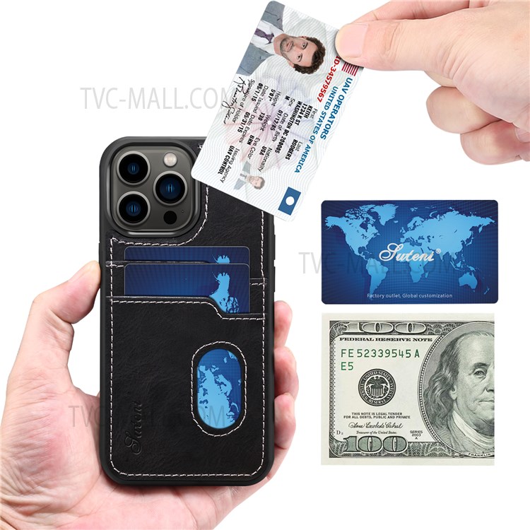 SUTENI Retro Back Double Cards Slots Design Anti-fall Well-protected TPU+PU Leather Cover Shell for iPhone 13 Pro Max 6.7 inch - Black-3