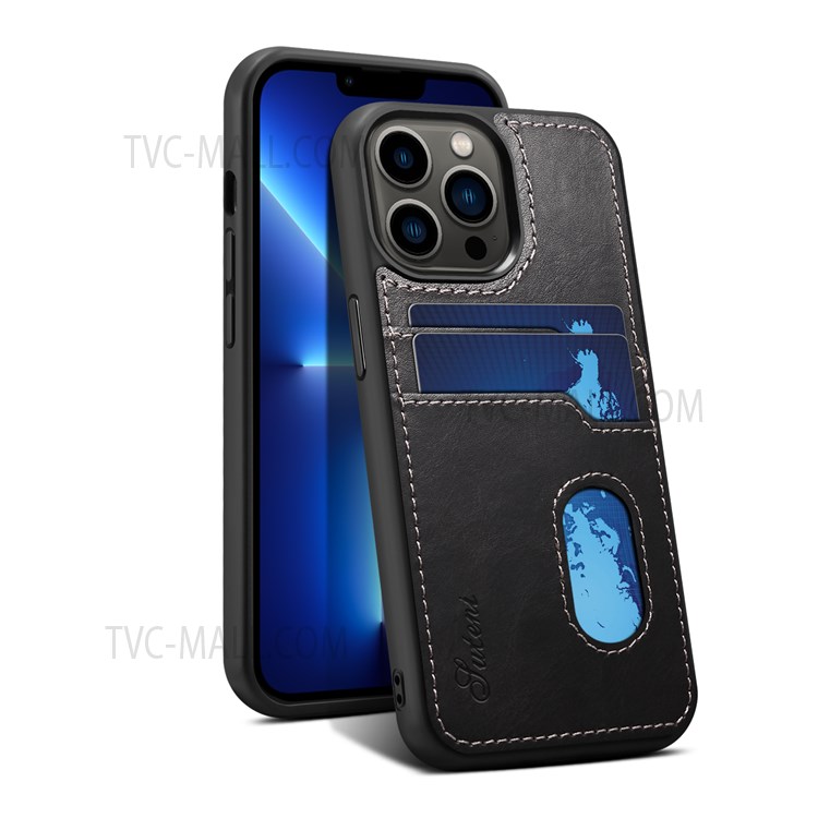 SUTENI Retro Back Double Cards Slots Design Anti-fall Well-protected TPU+PU Leather Cover Shell for iPhone 13 Pro Max 6.7 inch - Black-4