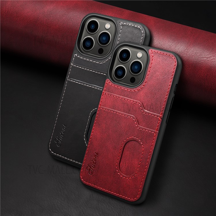 SUTENI Retro Back Double Cards Slots Design Anti-fall Well-protected TPU+PU Leather Cover Shell for iPhone 13 Pro Max 6.7 inch - Black-5