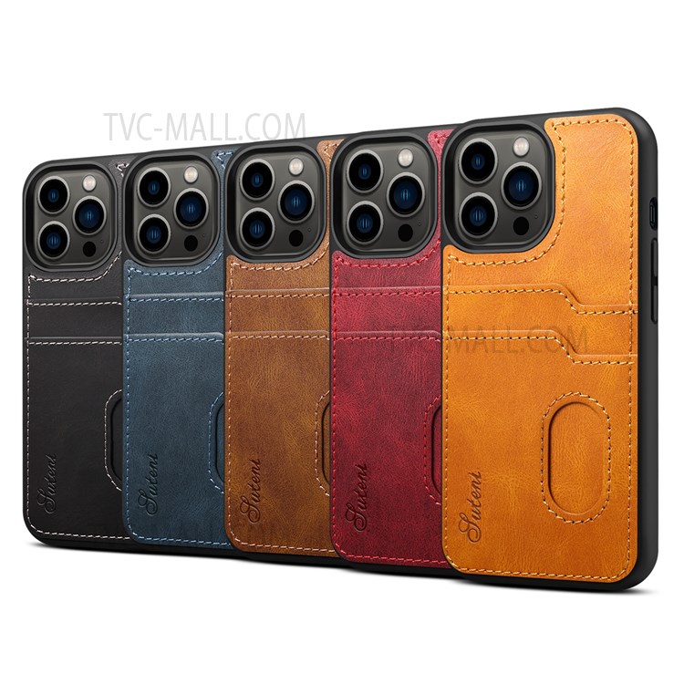 SUTENI Retro Back Double Cards Slots Design Anti-fall Well-protected TPU+PU Leather Cover Shell for iPhone 13 Pro Max 6.7 inch - Black-6