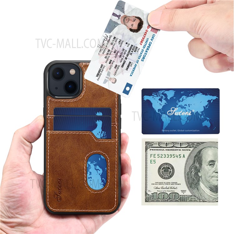SUTENI Drop Protection Retro PU Leather Coated TPU Back Cover with Card Holder Slots for iPhone 13 mini 5.4 inch - Brown-3