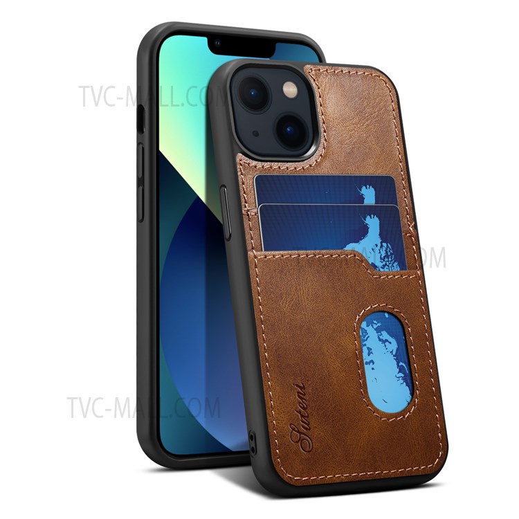 SUTENI Drop Protection Retro PU Leather Coated TPU Back Cover with Card Holder Slots for iPhone 13 mini 5.4 inch - Brown-5