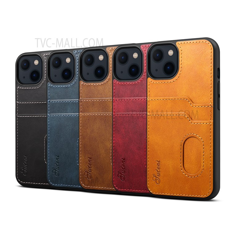 SUTENI Drop Protection Retro PU Leather Coated TPU Back Cover with Card Holder Slots for iPhone 13 mini 5.4 inch - Brown-6