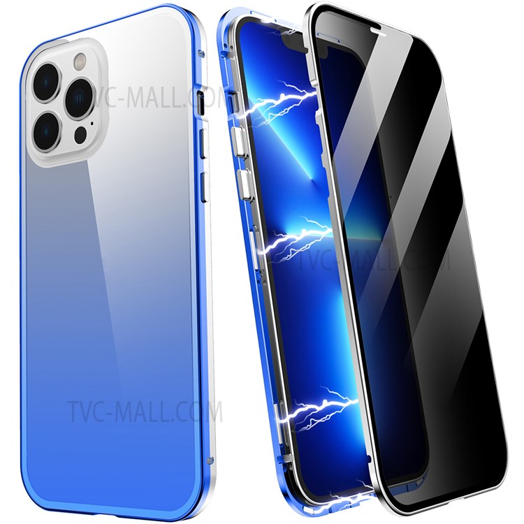 R-JUST Gradient Color Aluminium Alloy Frame + Double-sided Tempered Glass Full Protection Hybrid Case Anti-peep Phone Shell Cover for iPhone 13 Pro 6.1 inch - Blue/Silver-1