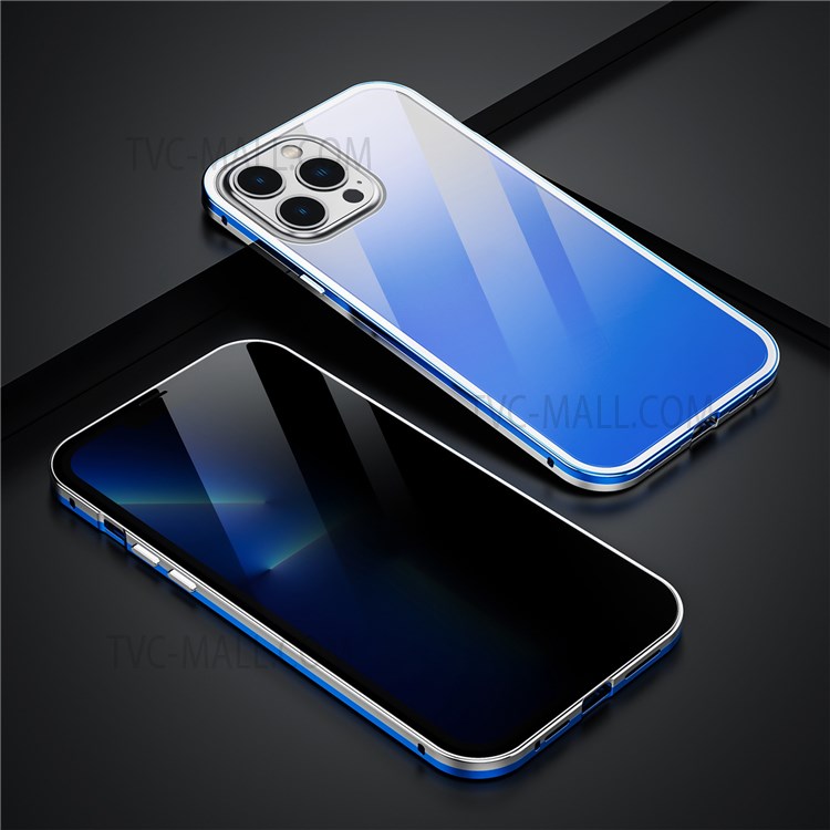R-JUST Gradient Color Aluminium Alloy Frame + Double-sided Tempered Glass Full Protection Hybrid Case Anti-peep Phone Shell Cover for iPhone 13 Pro 6.1 inch - Blue/Silver-2