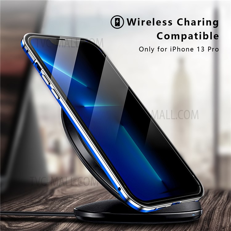 R-JUST Gradient Color Aluminium Alloy Frame + Double-sided Tempered Glass Full Protection Hybrid Case Anti-peep Phone Shell Cover for iPhone 13 Pro 6.1 inch - Blue/Silver-3
