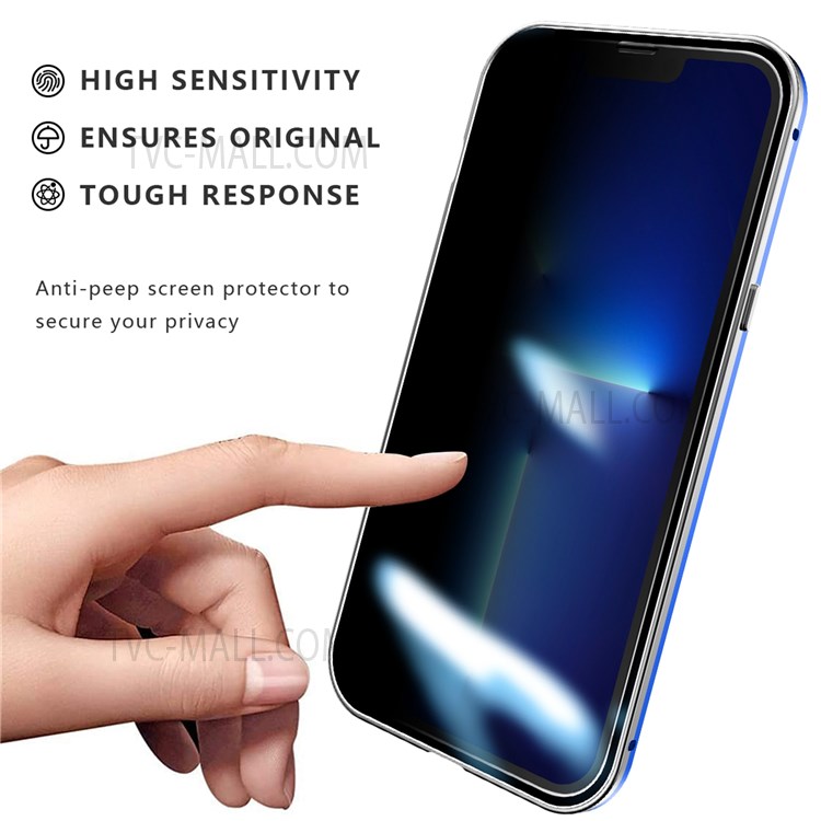 R-JUST Gradient Color Aluminium Alloy Frame + Double-sided Tempered Glass Full Protection Hybrid Case Anti-peep Phone Shell Cover for iPhone 13 Pro 6.1 inch - Blue/Silver-5