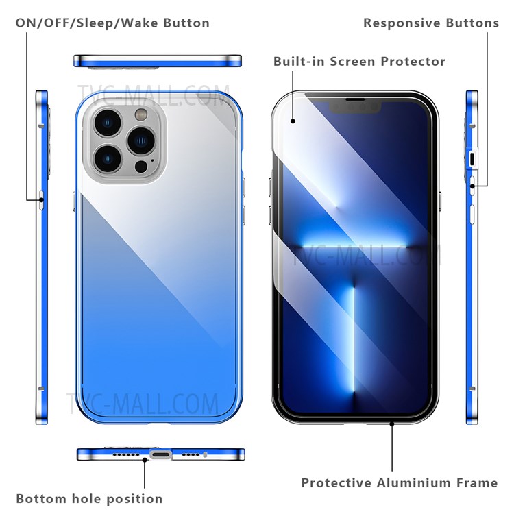 R-JUST Gradient Color Aluminium Alloy Frame + Double-sided Tempered Glass Full Protection Hybrid Case Anti-peep Phone Shell Cover for iPhone 13 Pro 6.1 inch - Blue/Silver-6
