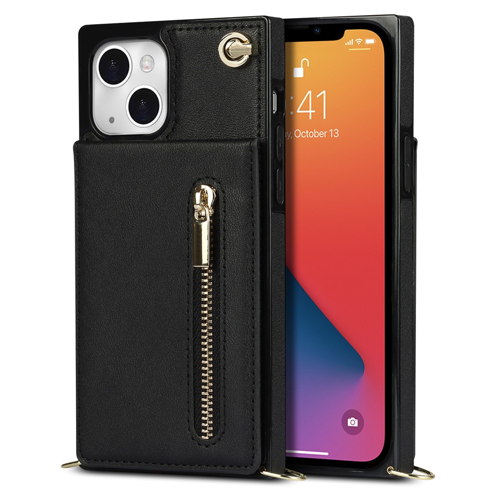 Kickstand Design PU Leather Phone Cover Anti-scratch Card Slots Zippered Wallet Pouch with Shoulder Strap for iPhone 13 mini 5.4 inch - Black