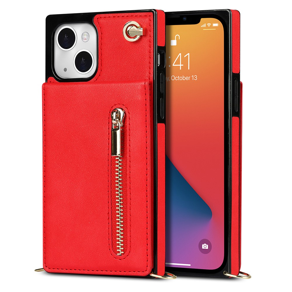 Kickstand Design PU Leather Phone Cover Anti-scratch Card Slots Zippered Wallet Pouch with Shoulder Strap for iPhone 13 mini 5.4 inch - Red
