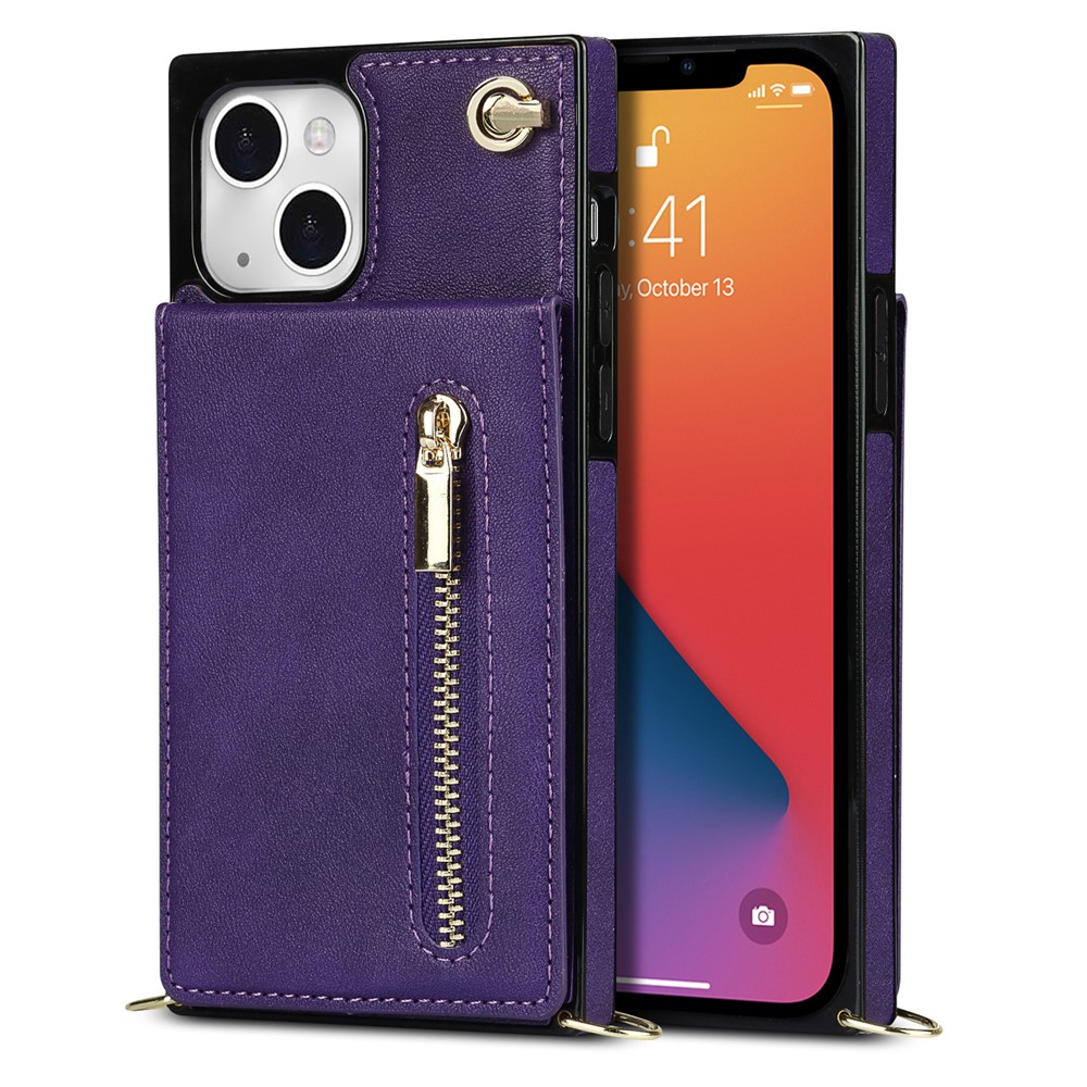 Kickstand Design PU Leather Phone Cover Anti-scratch Card Slots Zippered Wallet Pouch with Shoulder Strap for iPhone 13 mini 5.4 inch - Purple