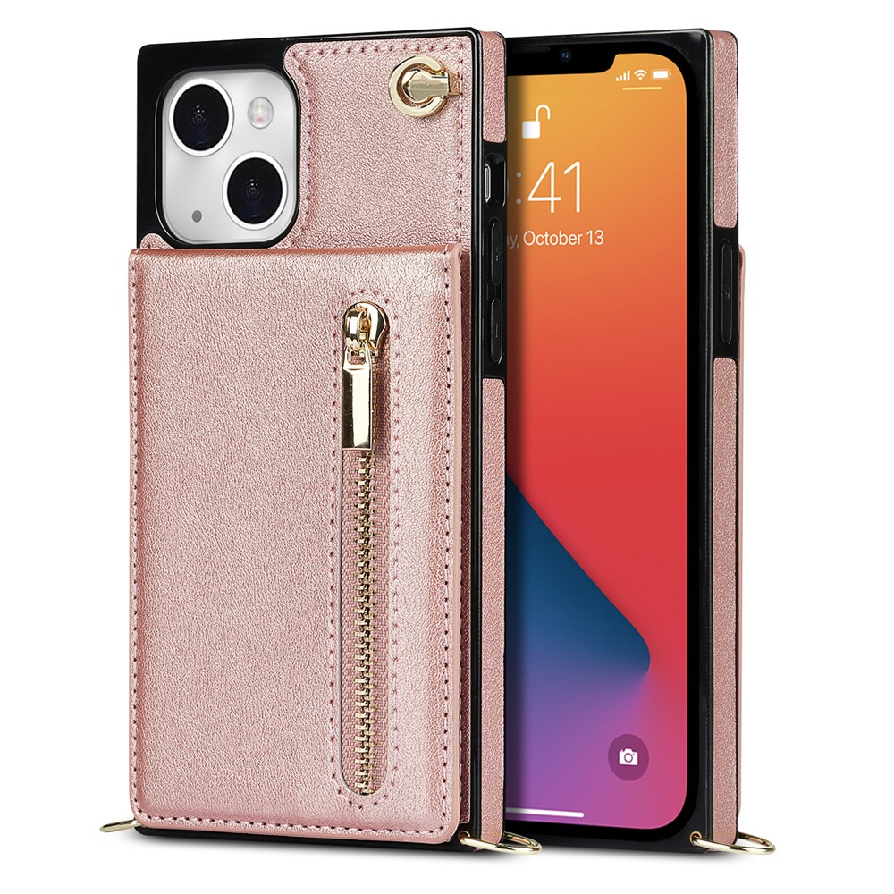 Kickstand Design PU Leather Phone Cover Anti-scratch Card Slots Zippered Wallet Pouch with Shoulder Strap for iPhone 13 mini 5.4 inch - Pink