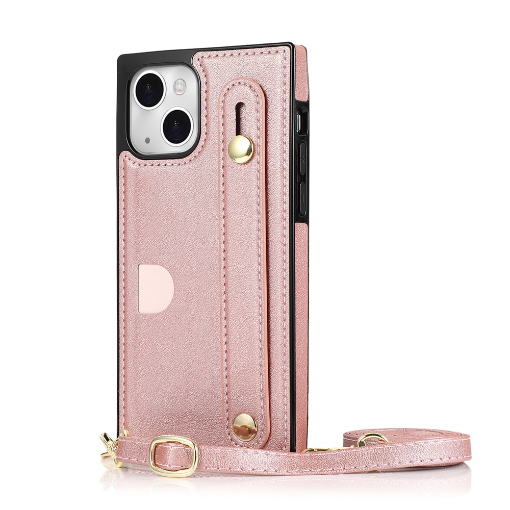 Kickstand Design PU Leather Coated TPU Cover Card Slot Design Hand Strap Case with Long Lanyard for iPhone 13 mini 5.4 inch - Rose Gold
