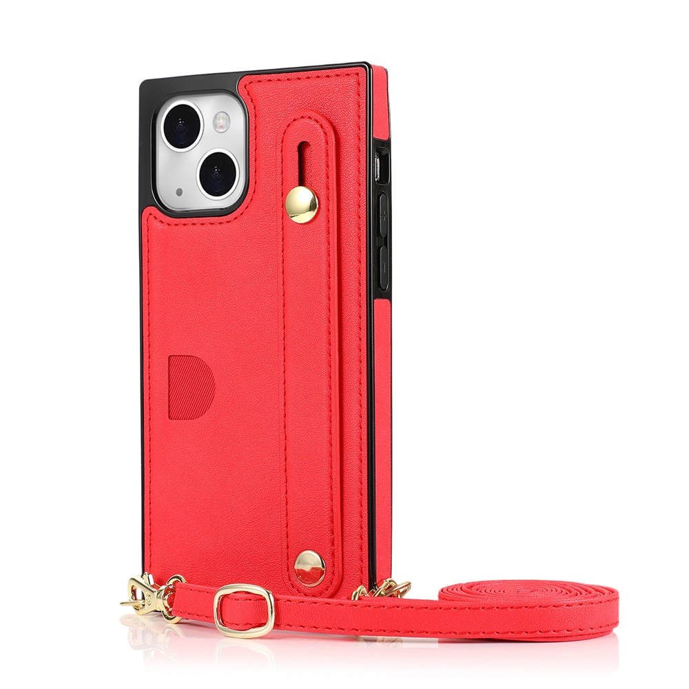 Kickstand Design PU Leather Coated TPU Cover Card Slot Design Hand Strap Case with Long Lanyard for iPhone 13 mini 5.4 inch - Red