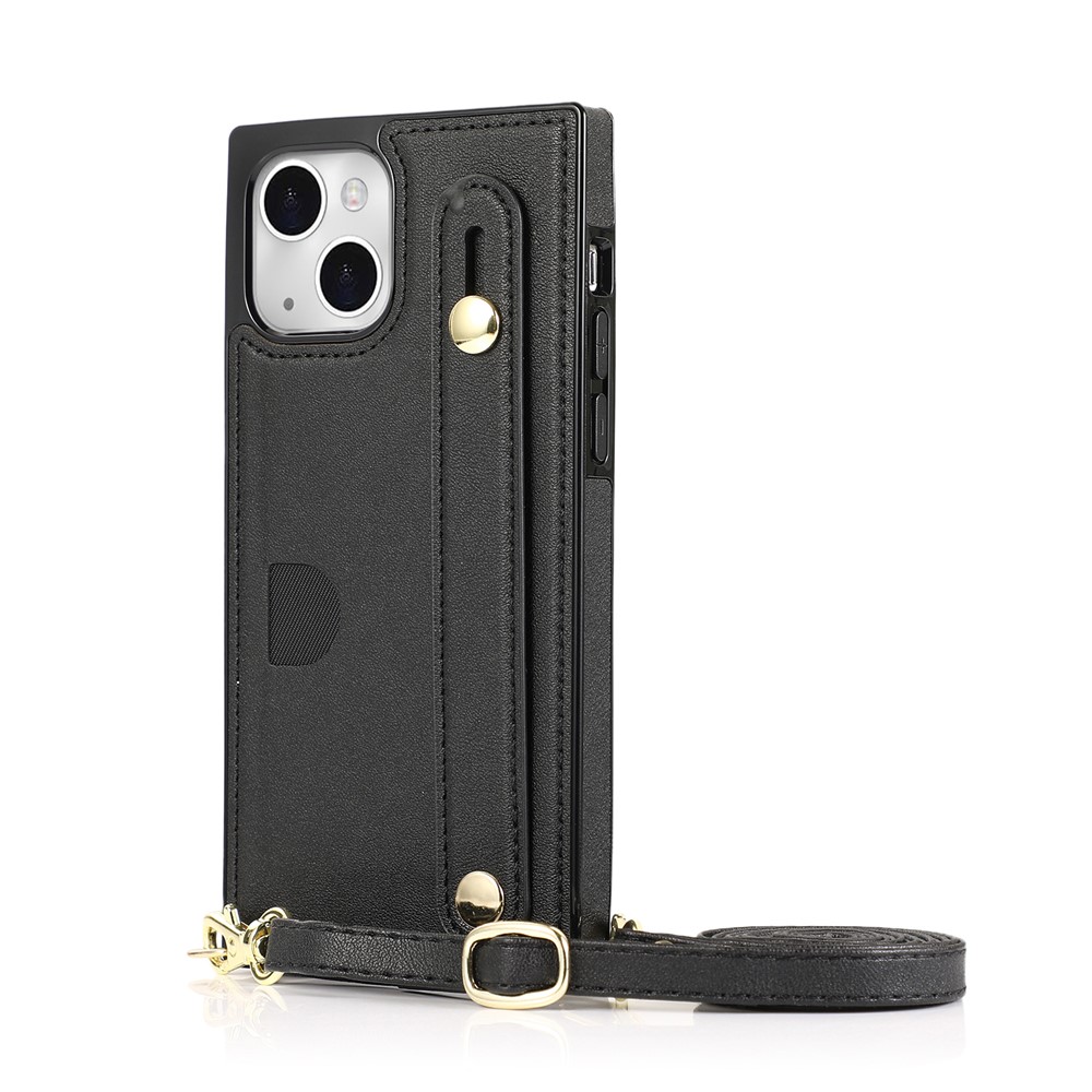 Kickstand Design PU Leather Coated TPU Cover Card Slot Design Hand Strap Case with Long Lanyard for iPhone 13 mini 5.4 inch - Black