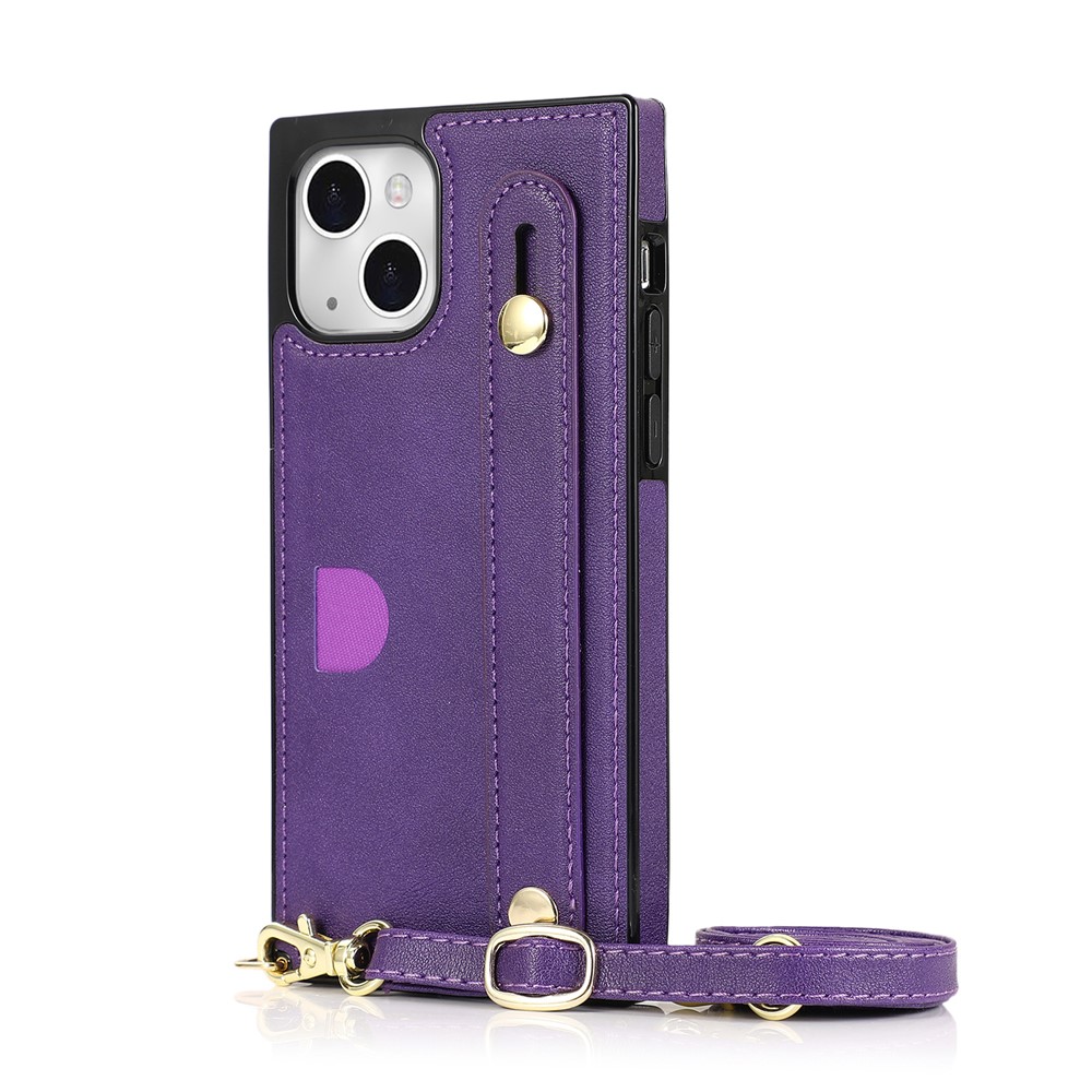 Kickstand Design PU Leather Coated TPU Cover Card Slot Design Hand Strap Case with Long Lanyard for iPhone 13 mini 5.4 inch - Purple