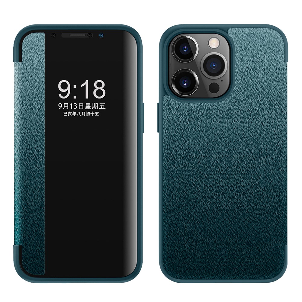 View Window Design Flip Cover Anti-Scratch PU Leather+Hard PC+TPU Hybrid Protective Case for iPhone 13 Pro 6.1 inch - Blue-1