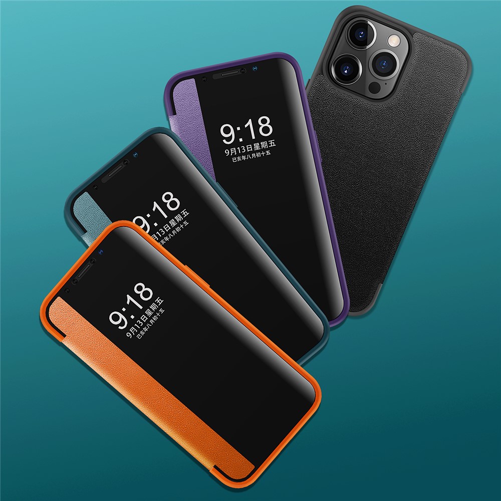View Window Design Flip Cover Anti-Scratch PU Leather+Hard PC+TPU Hybrid Protective Case for iPhone 13 Pro 6.1 inch - Blue-8