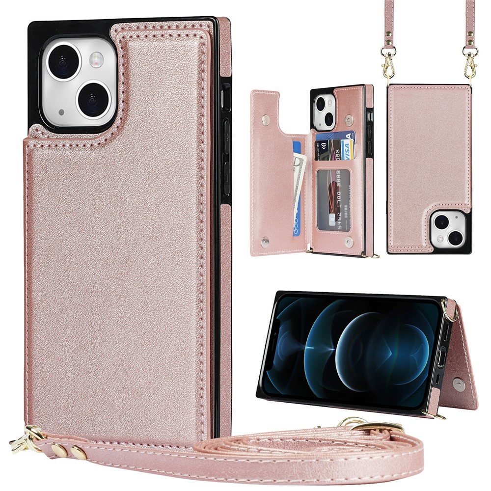 Long Shoulders Strap Phone Case Kickstand RFID Blocking Anti-theft Swiping Protective Cover for iPhone 13 mini 5.4 inch - Rose Gold