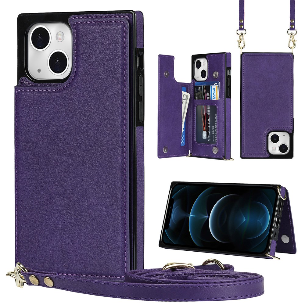 Long Shoulders Strap Phone Case Kickstand RFID Blocking Anti-theft Swiping Protective Cover for iPhone 13 mini 5.4 inch - Purple