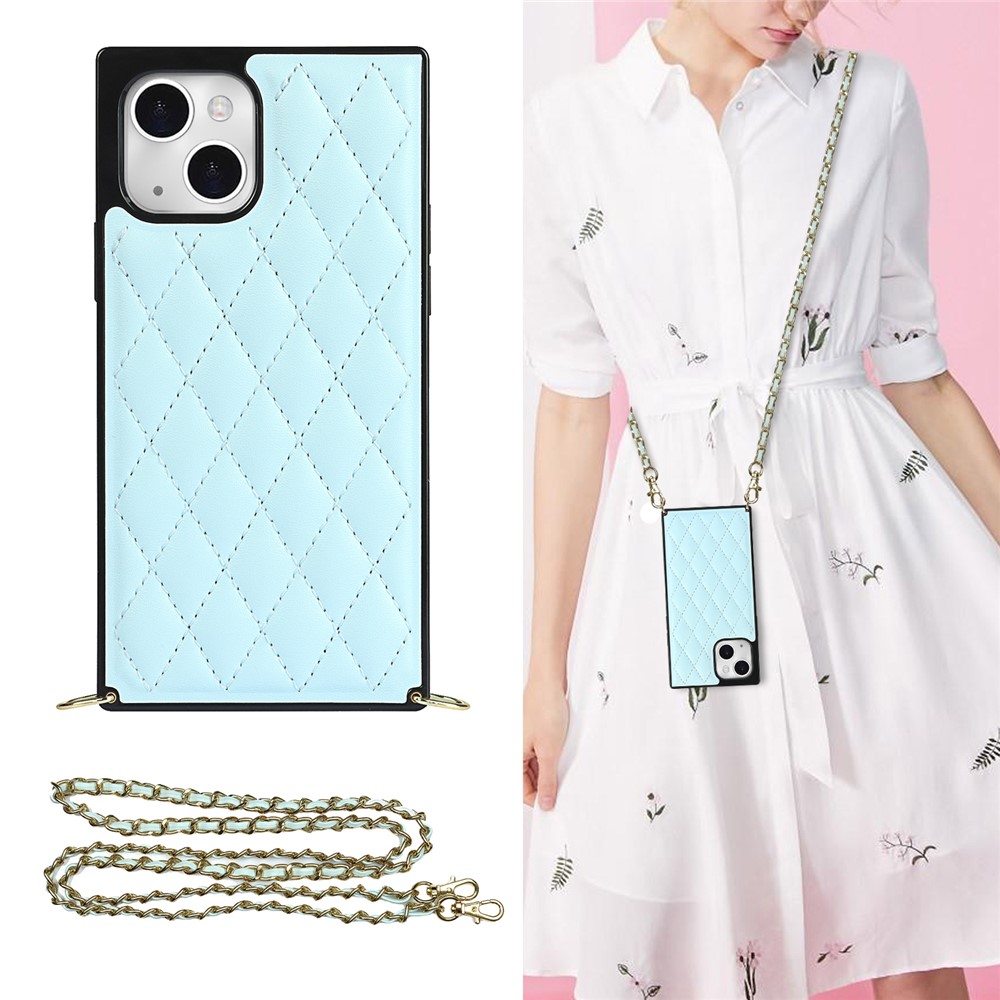 Soft TPU+Microfiber Leather Phone Back Case Phone Cover with Shoulder Strap for iPhone 13 mini - Blue-4
