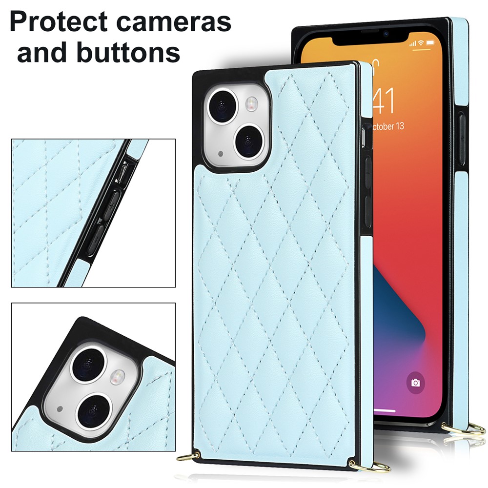 Soft TPU+Microfiber Leather Phone Back Case Phone Cover with Shoulder Strap for iPhone 13 mini - Blue-6