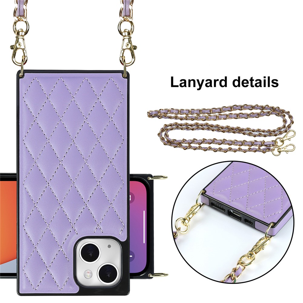 Phone Cover Soft TPU+Microfiber Leather Phone Back Case with Shoulder Strap for iPhone 13 6.1 inch - Purple-3