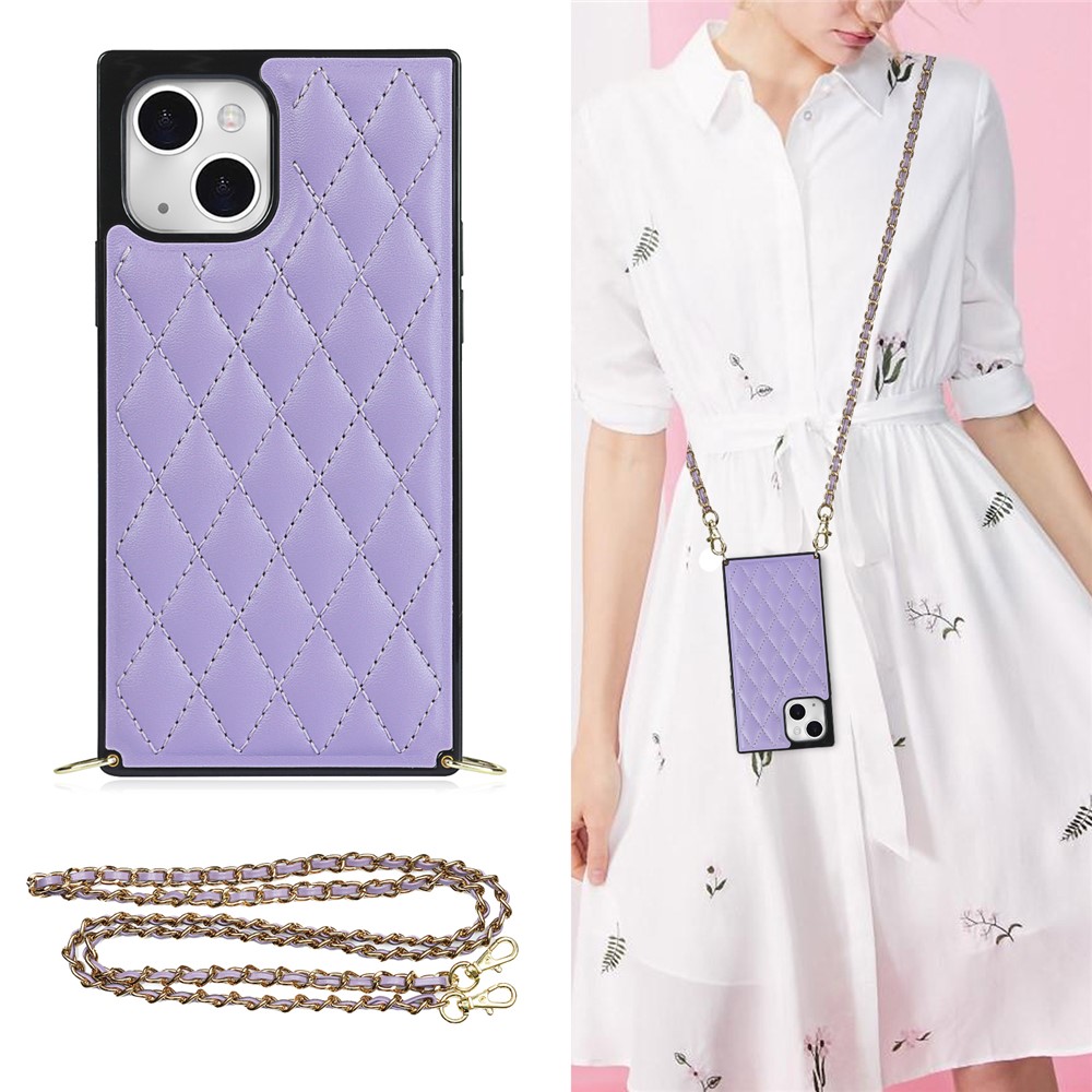 Phone Cover Soft TPU+Microfiber Leather Phone Back Case with Shoulder Strap for iPhone 13 6.1 inch - Purple-4