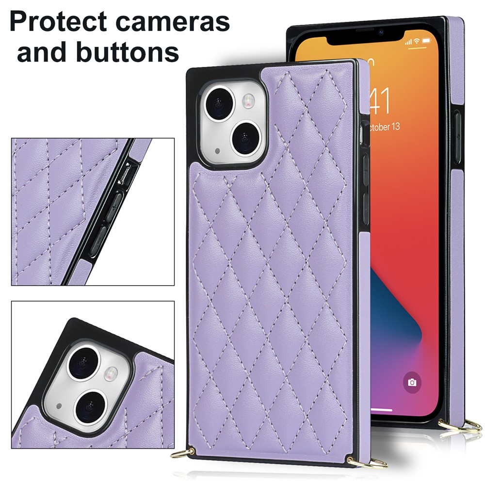 Phone Cover Soft TPU+Microfiber Leather Phone Back Case with Shoulder Strap for iPhone 13 6.1 inch - Purple-6