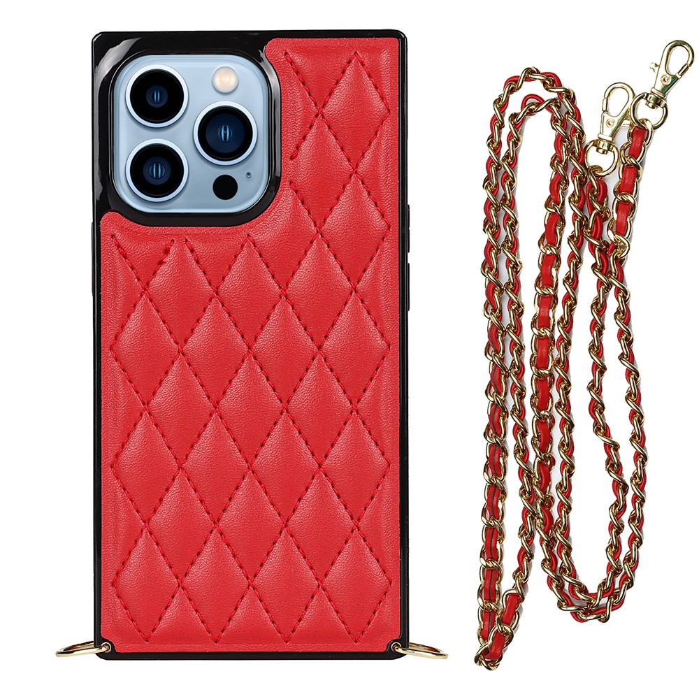 Shockproof Rhombus Grid Microfiber Leather and TPU Phone Back Case Phone Cover with Metal Long Shoulder Strap for iPhone 13 Pro 6.1 inch - Red-1