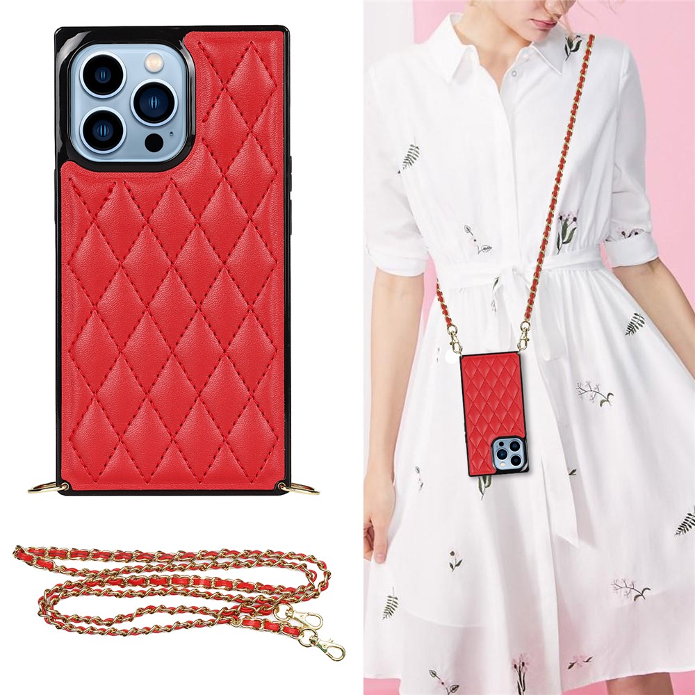 Shockproof Rhombus Grid Microfiber Leather and TPU Phone Back Case Phone Cover with Metal Long Shoulder Strap for iPhone 13 Pro 6.1 inch - Red-3