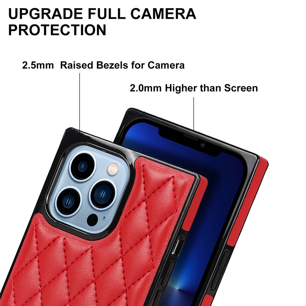 Shockproof Rhombus Grid Microfiber Leather and TPU Phone Back Case Phone Cover with Metal Long Shoulder Strap for iPhone 13 Pro 6.1 inch - Red-5