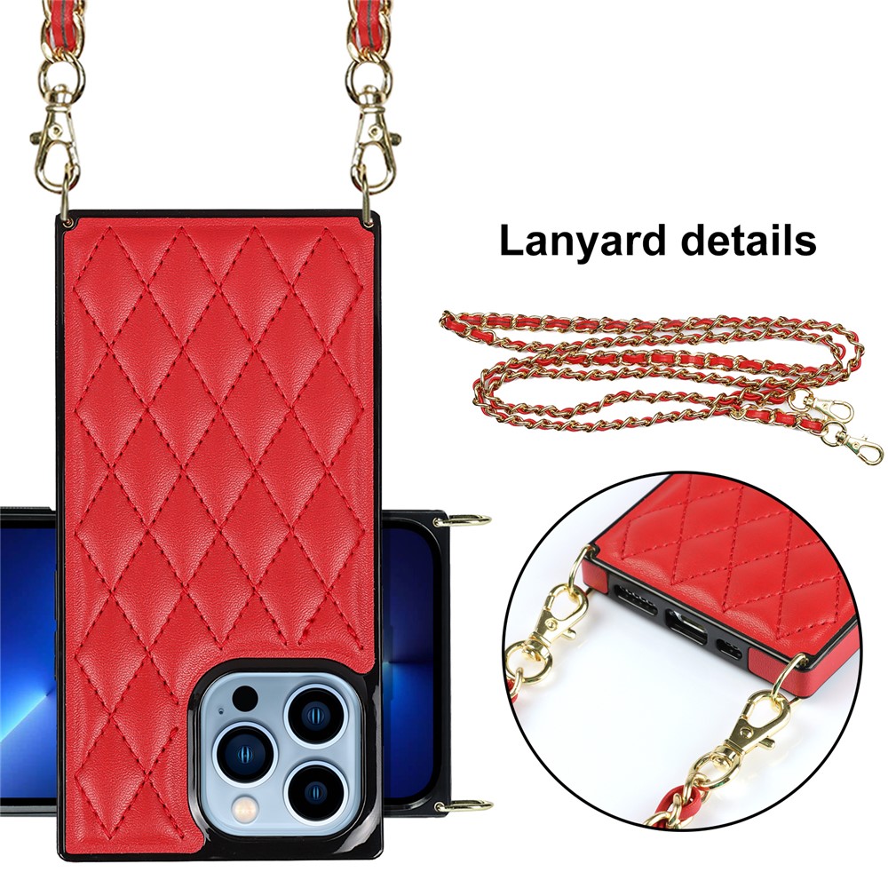 Shockproof Rhombus Grid Microfiber Leather and TPU Phone Back Case Phone Cover with Metal Long Shoulder Strap for iPhone 13 Pro 6.1 inch - Red-6
