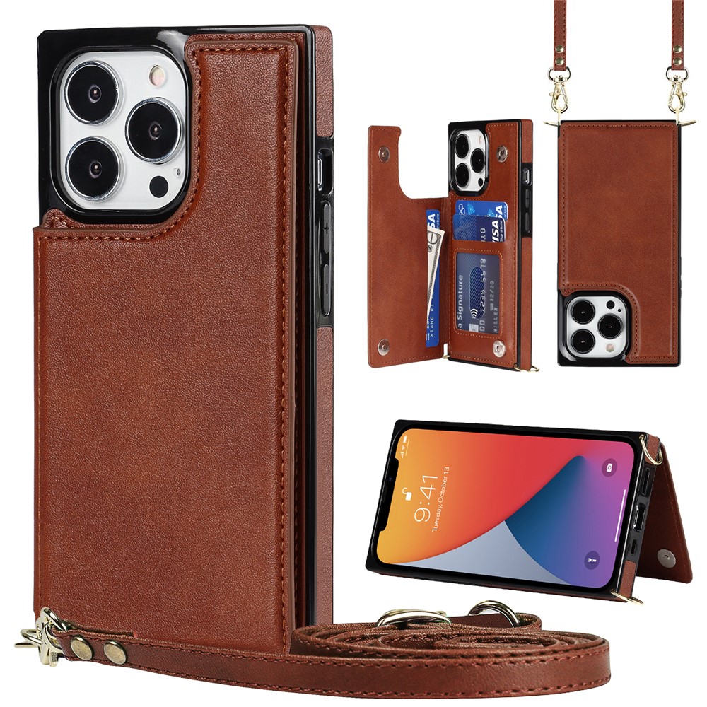 Shoulders Phone Pouch Kickstand RFID Blocking Anti-theft Swiping Protective Cover for iPhone 13 Pro Max - Brown-1