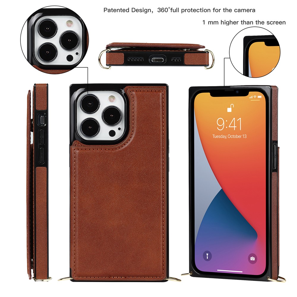 Shoulders Phone Pouch Kickstand RFID Blocking Anti-theft Swiping Protective Cover for iPhone 13 Pro Max - Brown-2