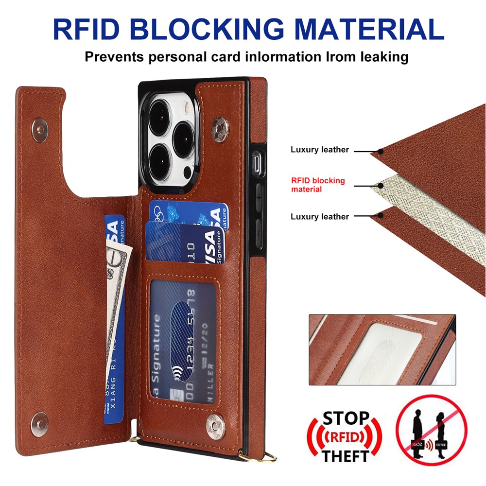 Shoulders Phone Pouch Kickstand RFID Blocking Anti-theft Swiping Protective Cover for iPhone 13 Pro Max - Brown-3
