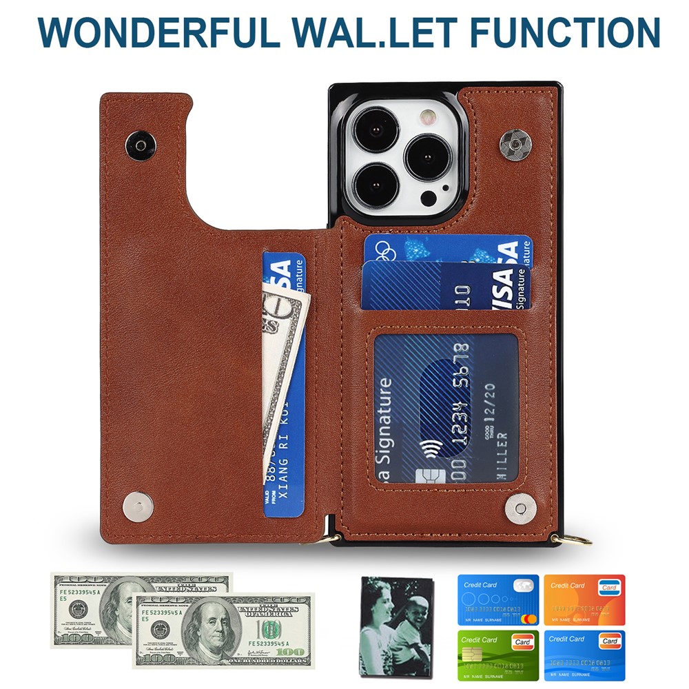 Shoulders Phone Pouch Kickstand RFID Blocking Anti-theft Swiping Protective Cover for iPhone 13 Pro Max - Brown-4